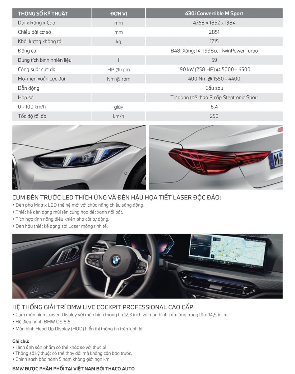 Thông số kỹ thuật BMW 430i Convertible 2026