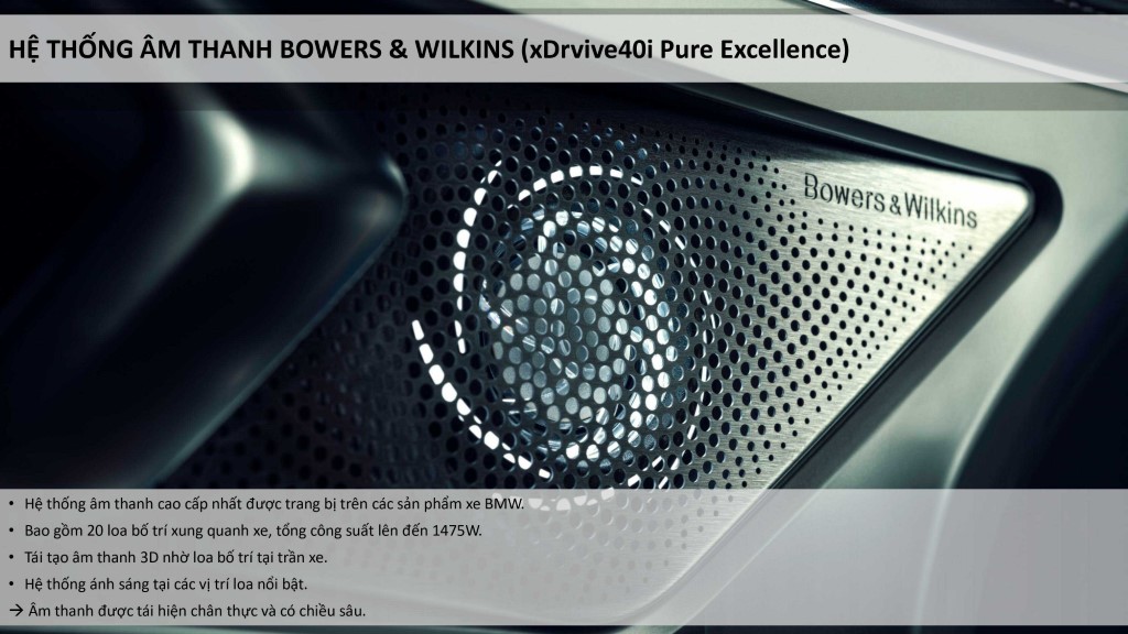 Hệ thống âm thanh loa cao cao cấp Bowers & Wilkins Diamond trên BMW X7 Pure Excellence 2023.